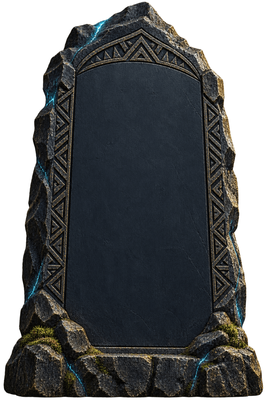 Grande stèle de basalte, sculptée de motifs géométriques et traversée de veines de mana bleu.
